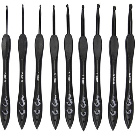 Set di 9 uncinetti in alluminio, impugnatura ergonomica da 2,0 a 6,0 mm, riduce i crampi, ideale per gli appassionati di maglia, colore nero. (1/5)
