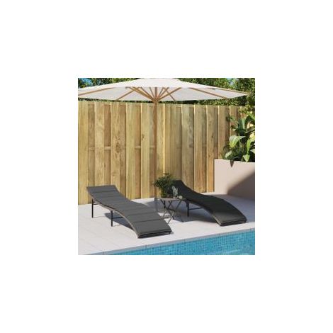Chaises longues lot de 2 avec coussins gris résine tressée (1/5)