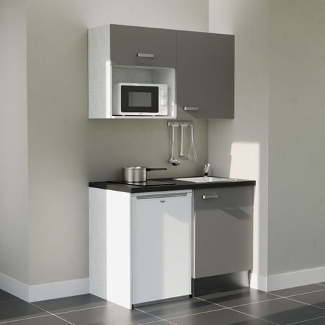 Kitchenette K07L-PT - 120 cm - plan stratifié, évier inox, - Façade Gris - Plan Noir texturé - Evier Inox - Crédences Non + Electroménager inclus coloris Blanc