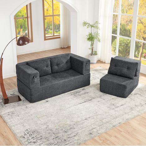 Canapé convertible 2 places avec fauteuil gris OKMYHOME (1/5)