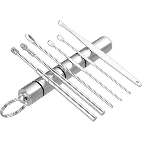 Lot de 6 bouchons d’oreilles en acier inoxydable en spirale, accessoires portables pour le nettoyage des oreilles