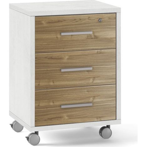 Cajonera con Ruedas, 3 cajones 51L x 41P x h71 – Acabado Blanco Mate y Madera Nogal – Sarmog