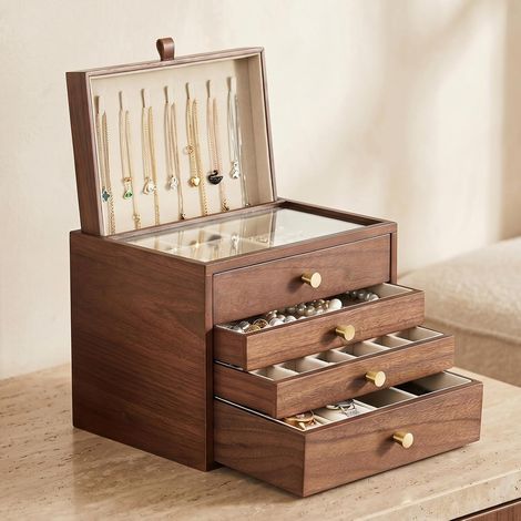 Boîte de Rangement en Bois pour Femme, Grande Boite a Bijoux Bois avec Miroir, 4 couches Boite Rangement Bijoux Organisateur pour Colliers, Boucles D'oreilles, Bagues, Bracelets (1/5)