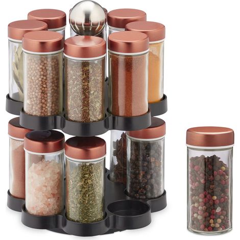 Tourniquet à épices, 16 Pots, Embouts tamiseur, Rotatif à 360°, Acier INOX, Verre, 26x17 cm, Multicolore (1/5)