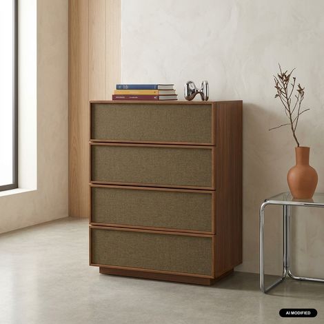 sweeek - Commode de rangement décor bois et tissu 4 tiroirs noyer - Kuba (1/5)