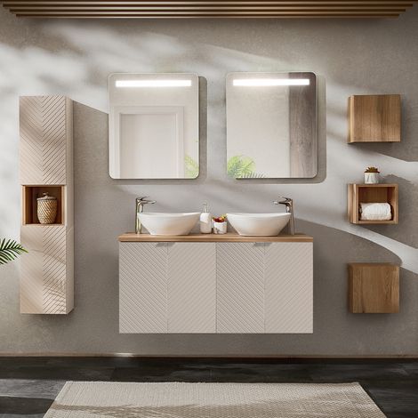 Conjunto mueble lavabo doble 120cm 4 puertas espejos LED columna y 3 armarios de pared Manoa Cachemira y Madera