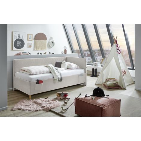 Meise Möbel Kinderbett Cool 90x200 cm  Polsterliege  Bettkasten & Lattenrost  Cordstoff Nata  Holzfuß eichefarbig (1/5)