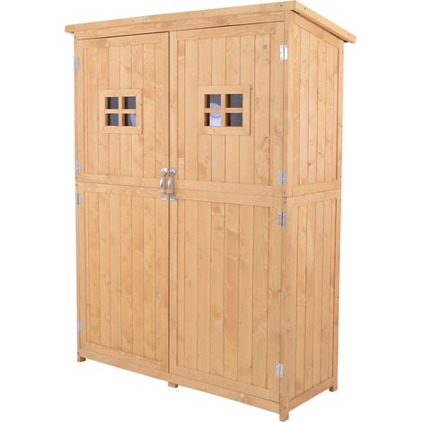 Outsunny Wooden Garden Shed with Two Windows, Tool Storage Cabinet, Outdoor Double Door Organizer 127.5L x 50W x 164H cm, Natural