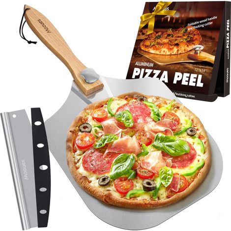 Kit 2 Pièces Pelle à Pizza en Aluminium 30.5 x 35.5 cm avec Manche en Bois Pliable et Roulette à Pizza Professionnelle (1/5)