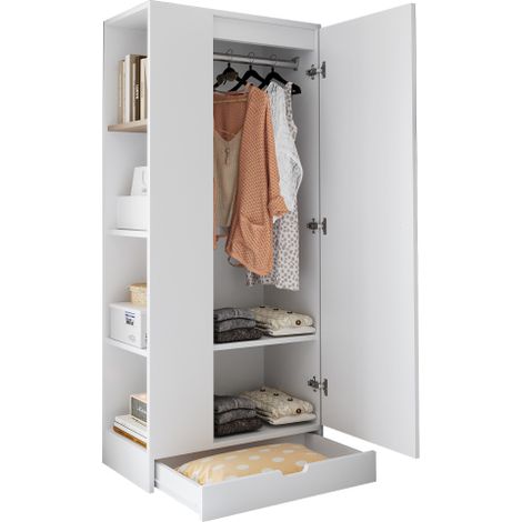 Armoire (70 x 40 x 170 cm) à une porte, avec étagères et tiroirs, blanc pur. (1/5)