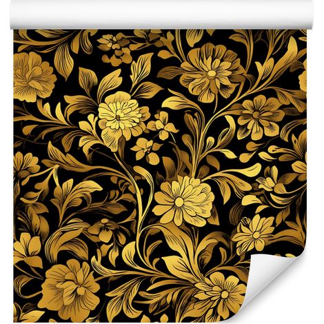 Papier peint ocre hibiscus doré, teinte ocre moyenne, pour salon et chambre, 50 x 1000 cm (1/5)