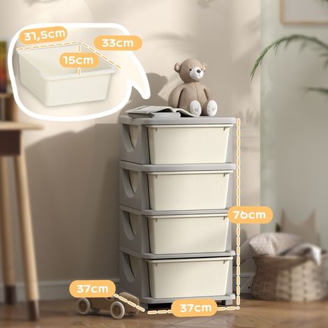 Coffres de rangement enfants, 4 tiroirs spacieux, plastique robuste, angles sûrs, dimensions 37x37x76 cm, blanc cassé (1/5)
