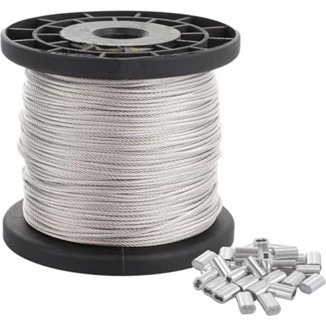 Bobine de câble métallique en acier inoxydable avec 70 manchons à sertir en aluminium - 2 mm x 70 m - Fil de suspension pour cadre photo - Noyau de 7 x 7 brins (1/5)