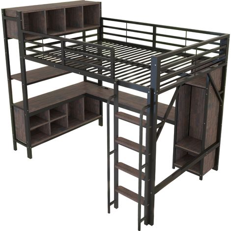 Hochbett 140 x 200 cm mit Schreibtisch, Kleiderschrank, LED, EU-Steckdosen, Geländer, schwarz (1/5)