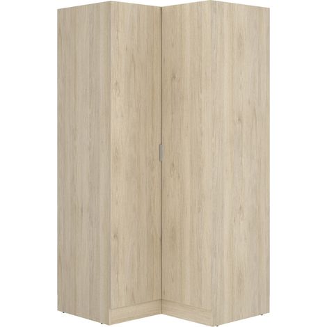Pegane – Dressing d'angle en panneaux de particules mélaminés chêne – 2 barres de suspension aluminium – 4 étagères dont 2 réglables – Dimensions 90.5x92.5x184.2 cm (1/5)