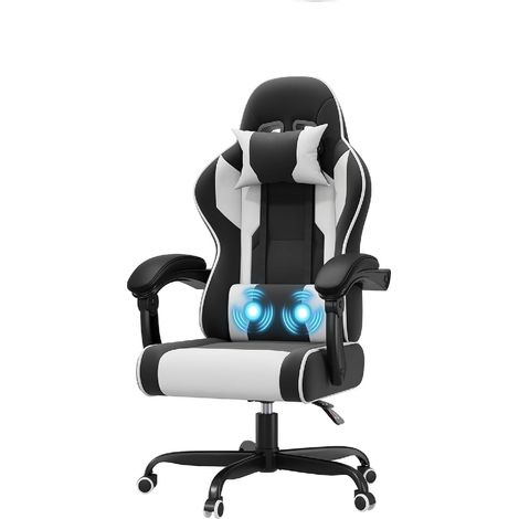 Chaise Gaming avec Massage Lombaire, Chaise Bureau Ergonomique avec Dossier Inclinable, Fauteuil Gaming avec Assise Douce et Résistante, Idéale pour Jeux et Boulot, Blanc Mat (1/5)