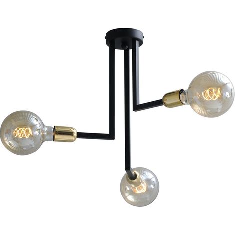Plafonnier noir Tube 3 lumières avec garnitures dorées - 1300387