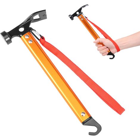 Marteau de camping avec extracteur de sardines, dragonne, robuste, pour tente, sol dur, extérieur (orange) (1/5)