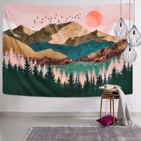 Arazzo da parete - Motivo foresta, montagna e tramonto - Decorazione per la camera da letto - 150 x 200 cm (1/5)