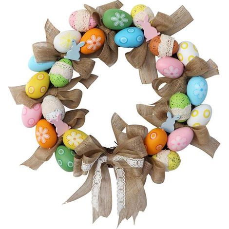 Couronne d'œufs de Pâques de avec ruban en lin et nœud - Couronne de fleurs artificielles pour porte d'entrée, décoration de Pâques (1/4)