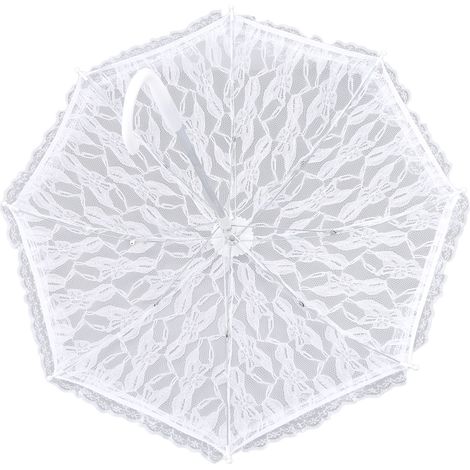 Parasol en dentelle blanche avec poignée en J, allure élégante, idéal pour les mariages, les fêtes et les bals de fin d'année. (1/5)