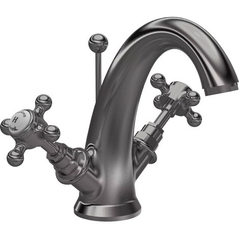Hudson Reed Topaz Hexagonal Mono Basin Mixer Tap Dual Handle with Pop Up Waste - Brushed Pewter