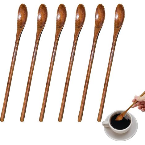 Juego de 6 cucharas largas de madera natural para miel, café, té y bebidas. (1/4)