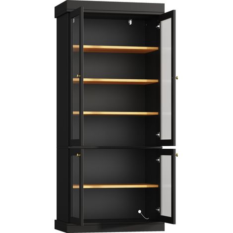 Armadio alto moderno con vetrina in vetro, LED integrato e sistema antiribaltamento, nero (1/5)