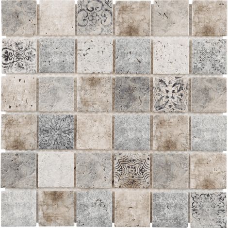 MAT INTER - Feuille 302x302x8mm - Tesselle 48x48 - Travertin peint patchwork - Style méditerranéen
