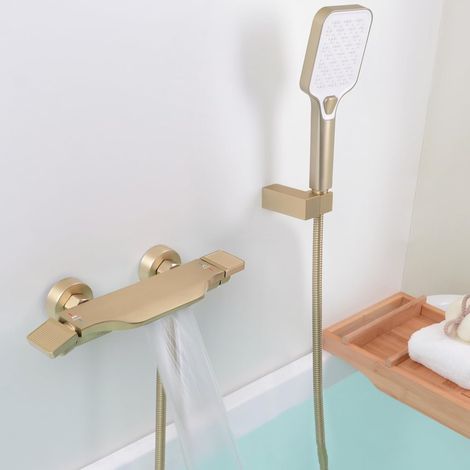 Robinet de Baignoire Cascade, Mitigeur Baignoire avec Douchette, Mitigeur Bain Douche Mural, Laiton, Or Brossé