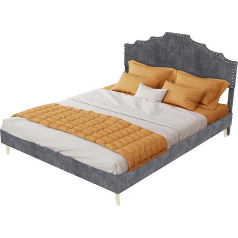 CHICFURN Struttura letto 140x200 cm imbottita beige, testiera geometrica, materasso incluso (1/5)