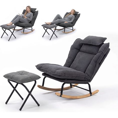 Fabulcozy Schaukelstuhl aus Cord mit Fußstütze, Stillstuhl mit Kopfstütze, 3-fach verstellbare Rückenlehne, abnehmbares Kissen mit Klettverschluss, Massivholzgestell – Wohnzimmer/Balkon, 81 × 80 × 84 