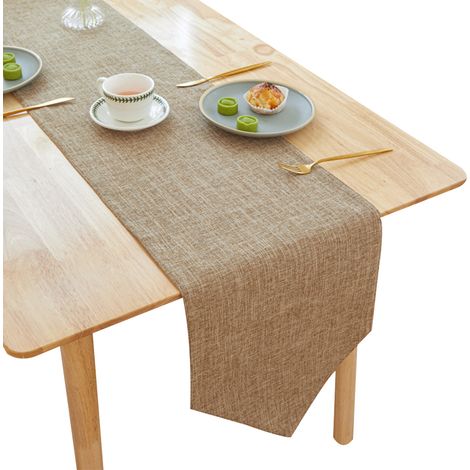 Chemin de table en lin kaki, disponible en longueurs 180, 210 et 240 cm, idéal pour décoration de mariage, fêtes et événements festifs (1/5)