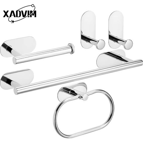 Ensemble de 5 pièces argentées et dorées : porte-serviettes en acier inoxydable 304, sans perçage, avec anneau porte-serviettes et crochet pour peignoir auto-adhésifs. Accessoires de salle de bain. (1/5)