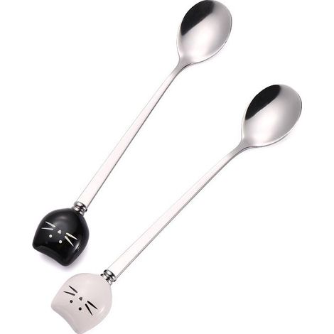 2-teiliges Set niedlicher Katzenlöffel – Edelstahl für Tee, Kaffee und Zucker, schwarz-weißes Design