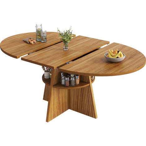 Table salle à manger extensible marron foncé pieds rangement plateau épais coins arrondis gain de place (1/5)