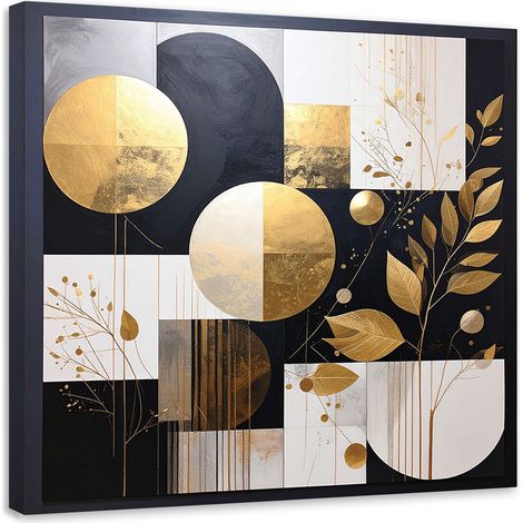Tableau Moderne, Abstraction cercle feuilles noir et doré,20x20 (1/4)
