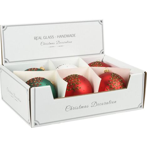 Palline per albero di Natale in vetro decorate con glitter color Rosso -6 sfere da 10 cm (1/4)