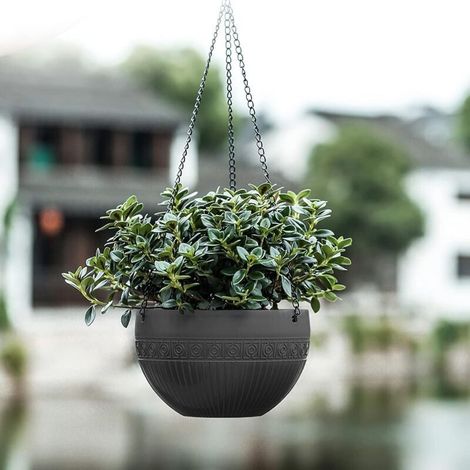 Confezione da 2 vasi da fiori sospesi (diametro 21 cm), vaso per piante da esterno, vaso in plastica autoirrigante con catenella per appendere, ideale per giardino e balcone. (1/4)