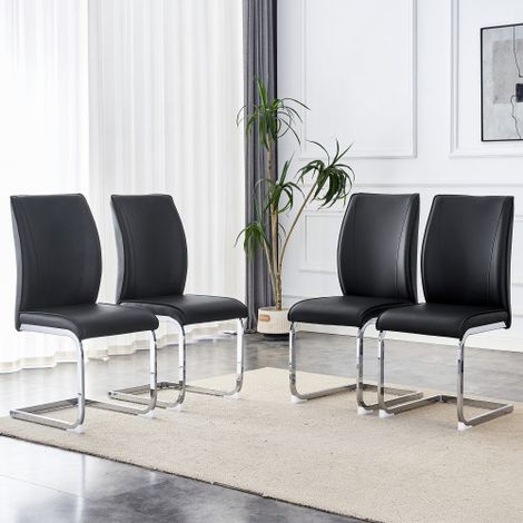 Elegantes Design im europäischen Stil: 4 bequeme Stühle in schwarzem PU-Material mit silbernen Metallbeinen. Kombinieren Sie Eleganz mit modernem Design, um Ihren Raum zu verbessern.