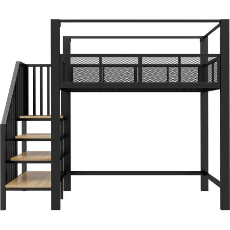 Cama alta 90x200 cm de metal con dosel, escalera con almacenaje y espacio de estudio, negra (1/5)
