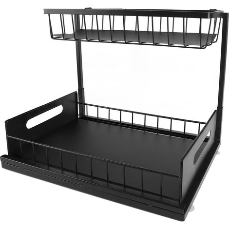 Organisateur sous évier en forme de L à 2 niveaux avec étagère coulissante, pour cuisine et salle de bain - Noir (1/5)