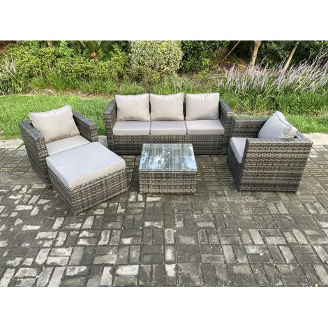Fimous Salon de jardin en rotin avec 2 Fauteuils Table basse carrée grand tabouret Mélange gris foncé (1/5)