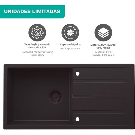 Fregadero de cocina de cuarzo Oblack Dello 100x50 cm 1 cubeta con escurridor color negro mate