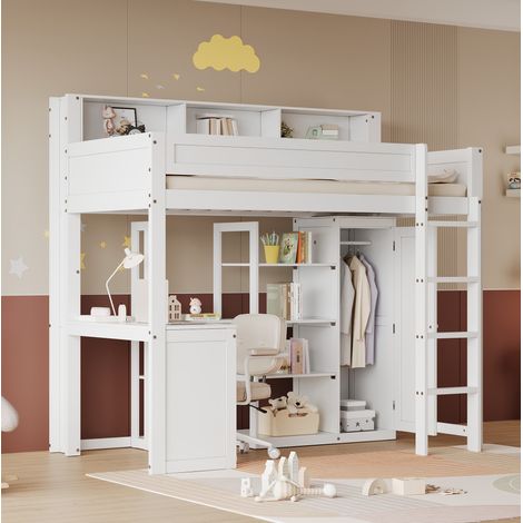 Lit superposé 90x200 cm avec bureau, armoire et rangements, blanc OKMYHOME (1/5)