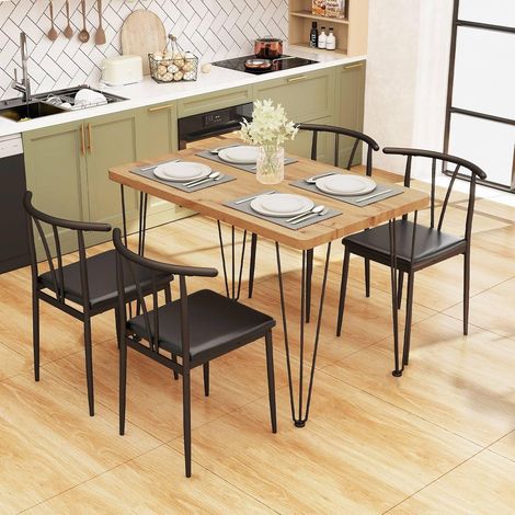 COSTWAY Tavolo da pranzo in legno con 4 sedie, set composto da tavolo e 4 sedie con seduta imbottita in similpelle, gambe dal design industriale a V, schienale curvo a Y, per cucina, soggiorno, ristor (1/5)