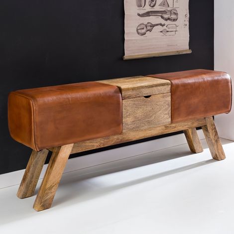 Banc 120x29x53 cm en cuir de chèvre et pieds en manguier (1/5)