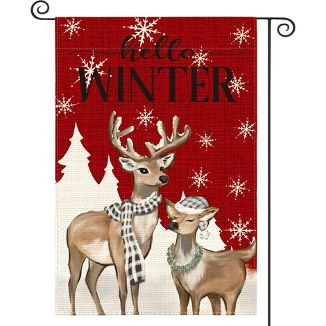 Drapeau De Jardin Hiver - Renne Flocon De Neige - Double Face - Extérieur - 30 X 45 Cm - Décor Saisonnier (1/5)