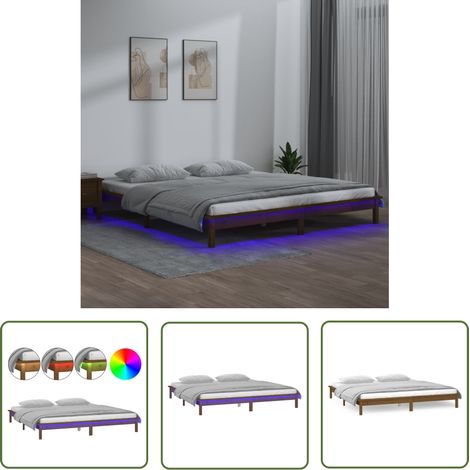 The Living Store Massivholzbett mit LED-Beleuchtung Honigbraun 200x200 cm - Holzbett - Massivholzbette - Kiefernholzbett - Doppelbett - Bettrahmen (1/5)