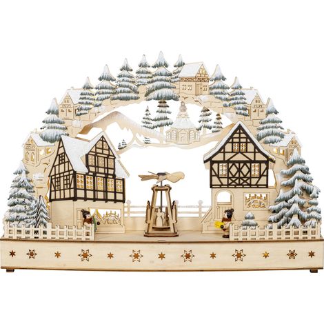 Saico Lichterbogen LED Fachwerkhäuser mit drehender Pyramide Holz 45 cm warmweiß natur Tierkuscheltier